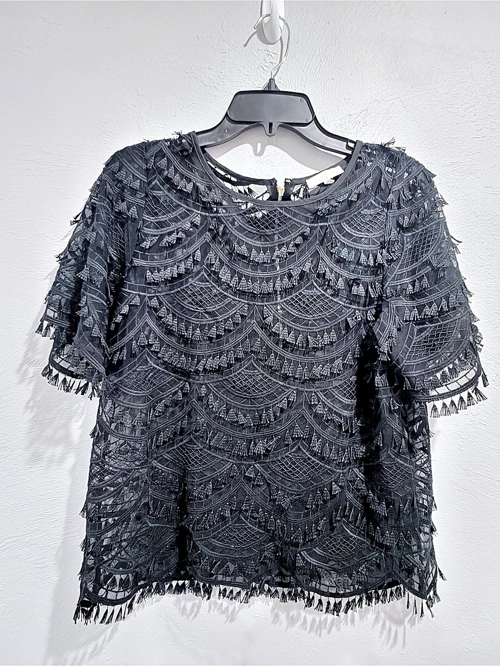 7 For All Mankind Black Embroidered Lace Tassel Top Size M